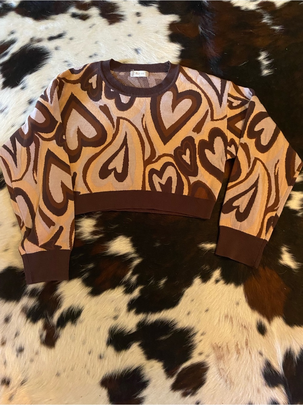 🤎 🍂 🤎 Altar’d State cropped knit sweater sz medium heart motif print uber cozy